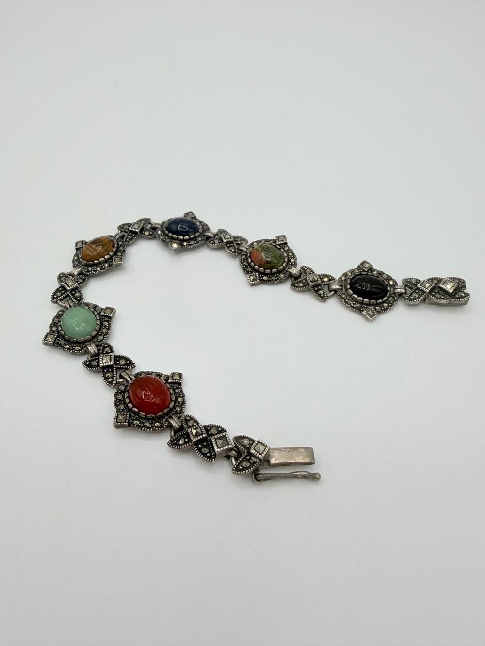 Vintage A 925 Sterling Silver Marcasite Carved Gemstone Scarab Bracelet